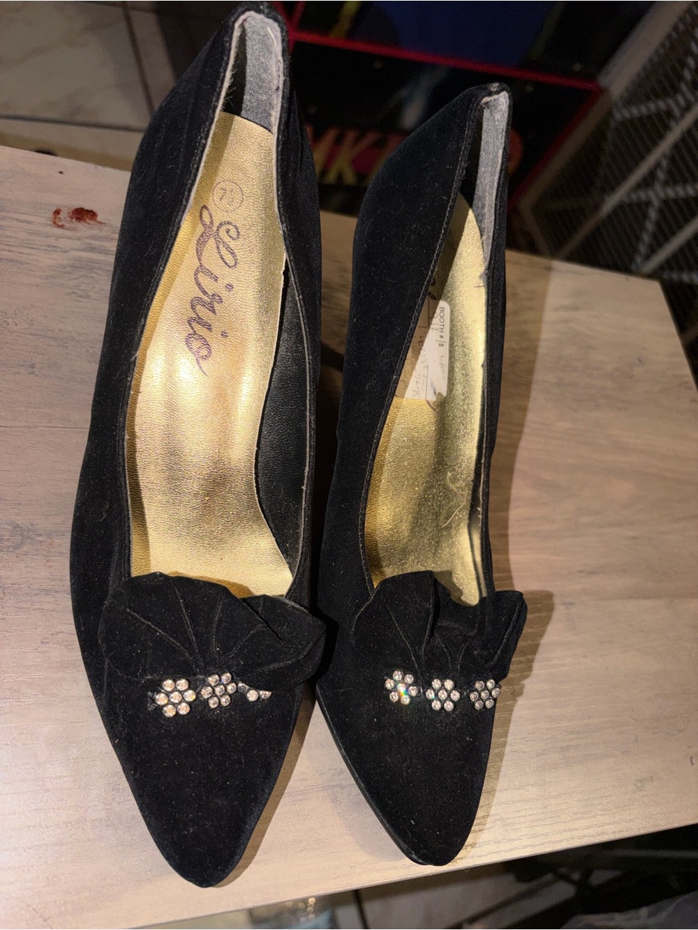 Vintage black suede shoes with rhinestone details from the 80s/90s.